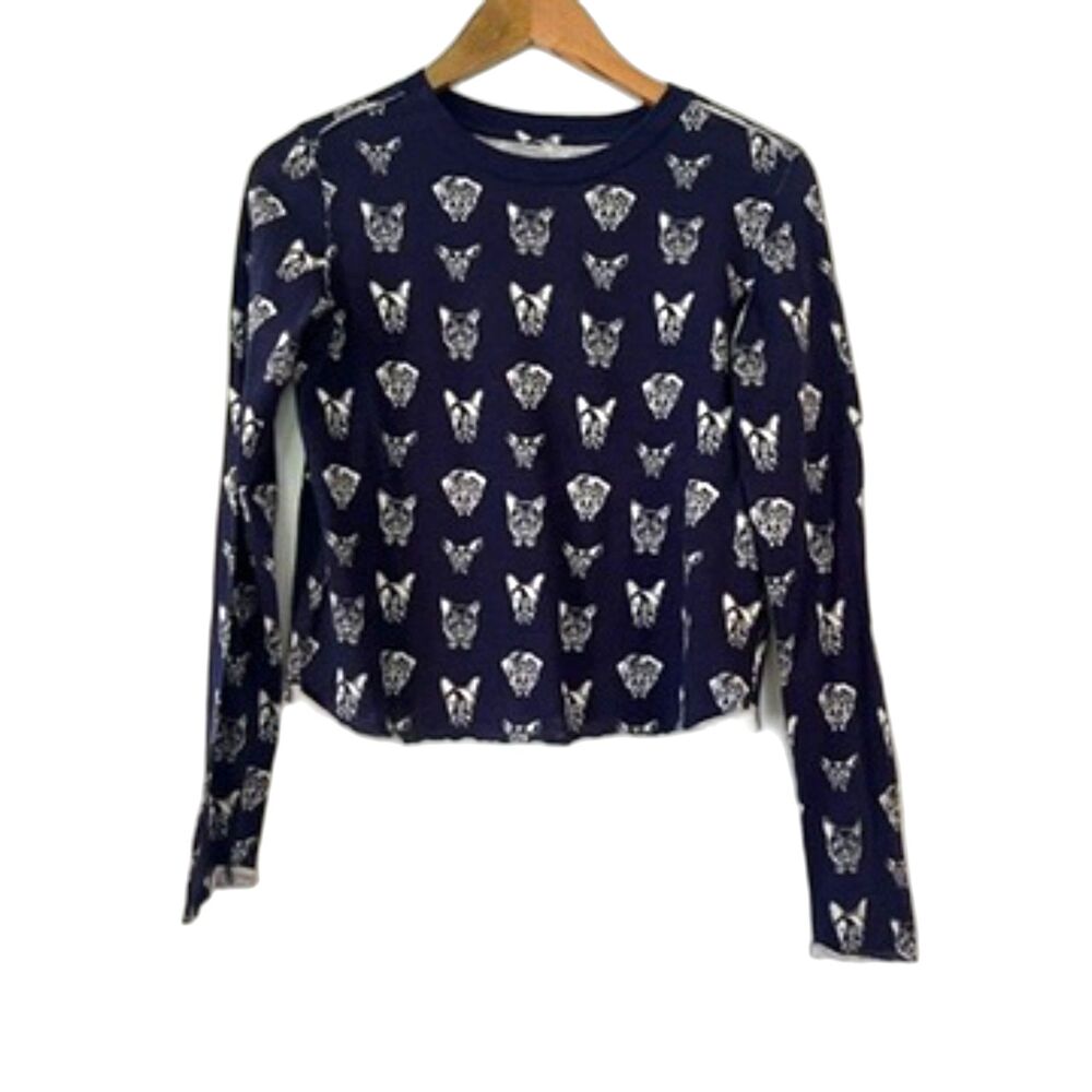 Maeve Anthropologie Navy Blue Dog Graphic T-Shirt Long Sleeves XXS NEW - Picture 3 of 8